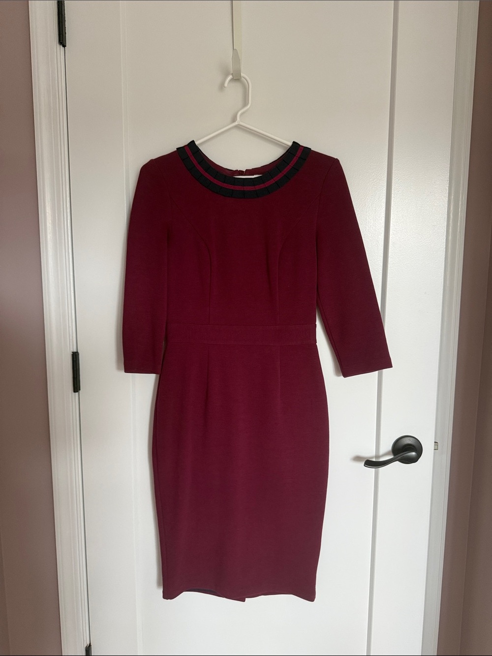 Women’s Boden Burgundy Midi Dress with Black Neck Trim